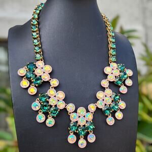 J Crew Brulee Chandelier Necklace Green Pink Ab Crystal Rhinestone Enamel